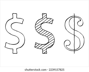 Dollar Hand Drawn Doodle Icon, Currency Sign, Paper Money, $ Vector Art Illustration, Doodle Sketch Style