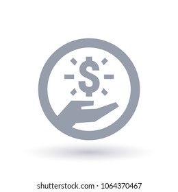 Dollar hand icon. Money success symbol. Financial wealth sign in circle outline. Vector illustration.
