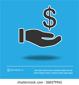 Dollar with hand icon on blue background. Dollar symbol. Isolated vector illustration EPS 10.