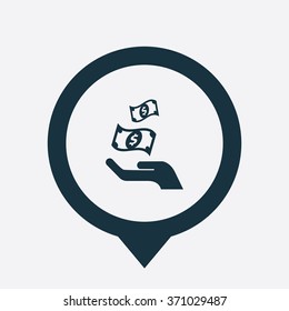 dollar hand icon, on white background map pin