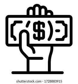 Icono del dólar en la mano. Esquema de dólar en icono de vector manual para diseño web aislado en fondo blanco