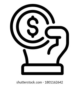 Dollar in hand icon. Outline dollar in hand vector icon for web design isolated on white background