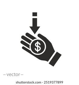 dólar en mano icono, Ahorra dinero, pago en efectivo o sueldo, Precio personal, economía de costos, Ilustración vectorial plana