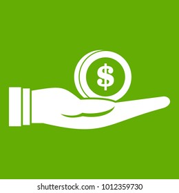 Dollar in hand icon white isolated on green background. Vector illustration