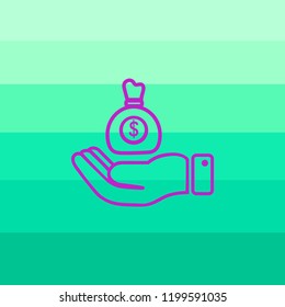 Dollar and hand sign icon. Palm holds money bag symbol.