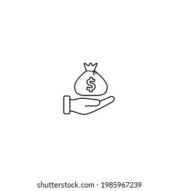 Dollar and hand sign icon. Palm holds money bag symbol. Colored flat icons on white background.