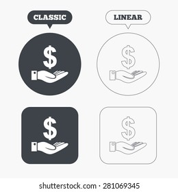 Dollar and hand sign icon. Palm holds money USD currency symbol. Classic and line web buttons. Circles and squares. Vector