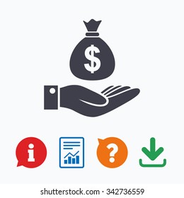 Dollar And Hand Sign Icon. Palm Holds Money Bag Symbol. Information Think Bubble, Question Mark, Download And Report.