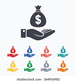 Dollar and hand sign icon. Palm holds money bag symbol. Colored flat icons on white background.