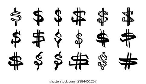 Dollar Hand-drawn doodle sign icon symbol set. Dollar money vector brushstrokes punctuation illustration on white background