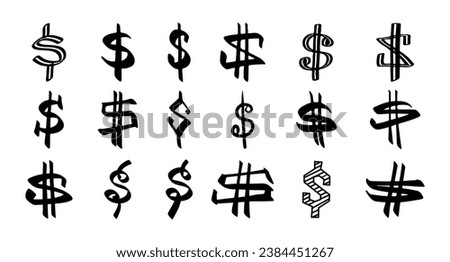 Dollar Hand-drawn doodle sign icon symbol set. Dollar money vector brushstrokes punctuation illustration on white background