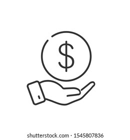 Dollar in hands line icon. Dollar coin. Vector sign.