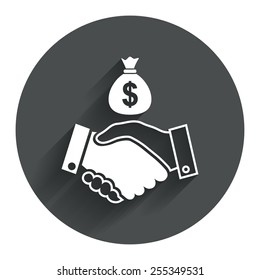 Dollar handshake sign icon. Successful business with money bag symbol. Circle flat button with shadow. Modern UI website navigation. Vector