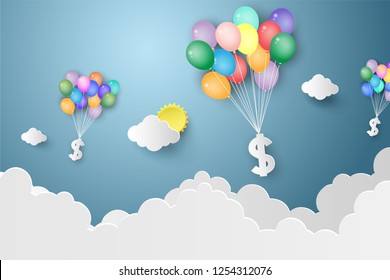 Dollar Hanging colorful balloon over blue sky,Business and finance concept,paper art style.