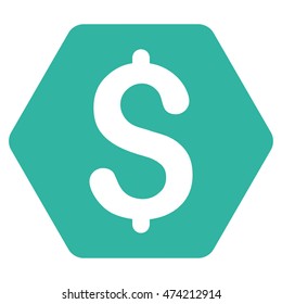 Dollar Hexagon icon. Vector style is flat iconic symbol with rounded angles, cyan color, white background.