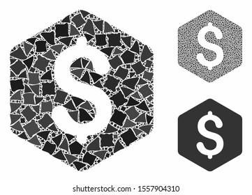 Dollar hexagon mosaic of rough items in variable sizes and color tones, based on dollar hexagon icon. Vector unequal parts are combined into collage. Dollar hexagon icons collage with dotted pattern.