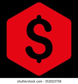Dollar Hexagon vector icon. Style is flat symbol, red color, rounded angles, black background.