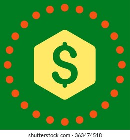 Dollar Hexagon vector icon. Style is bicolor flat circled symbol, orange and yellow colors, rounded angles, green background.