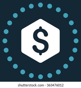 Dollar Hexagon vector icon. Style is bicolor flat circled symbol, blue and white colors, rounded angles, dark blue background.
