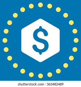 Dollar Hexagon vector icon. Style is bicolor flat circled symbol, yellow and white colors, rounded angles, blue background.