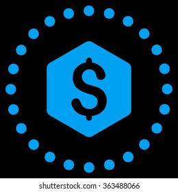 Dollar Hexagon vector icon. Style is flat circled symbol, blue color, rounded angles, black background.