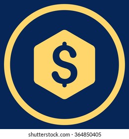 Dollar Hexagon vector icon. Style is flat circled symbol, yellow color, rounded angles, blue background.