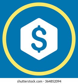 Dollar Hexagon vector icon. Style is bicolor flat circled symbol, yellow and white colors, rounded angles, blue background.