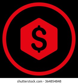 Dollar Hexagon vector icon. Style is flat circled symbol, red color, rounded angles, black background.