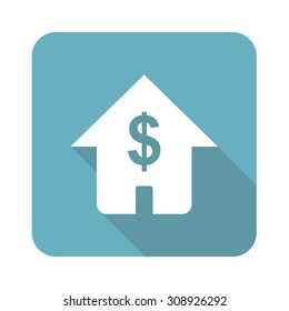 Dollar house icon, square, with long shadow, isolated on white