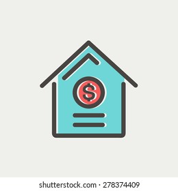 Dollar house icon thin line for web and mobile, modern minimalistic flat design. Vector icon with dark grey outline and offset colour on light grey background.
