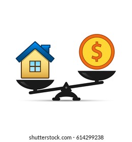 Dollar and house scales icon. Money and house balance on scale. Real estate sale. Weights with house and money coin. Vector isolated sign.