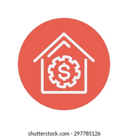 Icono de delgada línea delgada de la casa del dólar para diseño de web y móvil minimalista plano. Icono blanco vector dentro del círculo rojo
