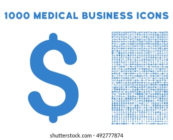 Dollar icon with 1000 medical business cobalt vector pictograms. Design style is flat symbols, white background.