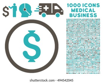 Dollar icon with 1000 medical commercial grey and cyan vector pictographs. Set style is flat bicolor symbols, white background.