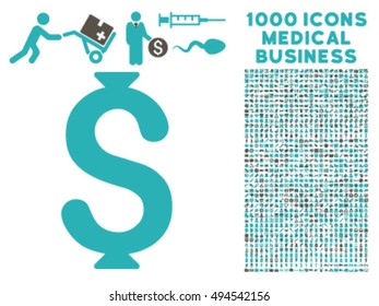 Dollar icon with 1000 medical commercial grey and cyan vector pictograms. Clipart style is flat bicolor symbols, white background.