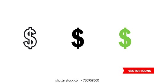 Dollar icon of 3 types: color, black and white, outline. Isolated vector sign symbol.