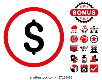 Dollar icon with bonus pictogram. Vector illustration style is flat iconic bicolor symbols, intensive red and black colors, white background.