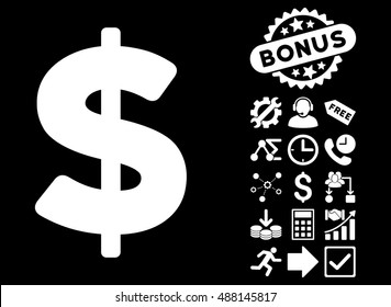 Dollar icon with bonus pictogram. Vector illustration style is flat iconic symbols, white color, black background.