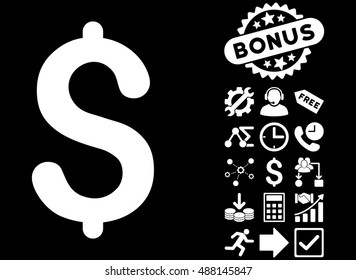 Dollar icon with bonus pictogram. Vector illustration style is flat iconic symbols, white color, black background.