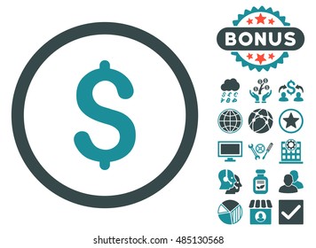 Dollar icon with bonus pictures. Vector illustration style is flat iconic bicolor symbols, soft blue colors, white background.