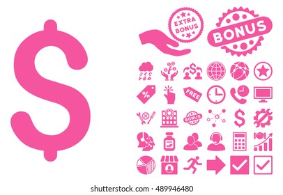 Dollar icon with bonus pictures. Vector illustration style is flat iconic symbols, pink color, white background.