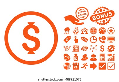 Dollar icon with bonus icon set. Vector illustration style is flat iconic symbols, orange color, white background.