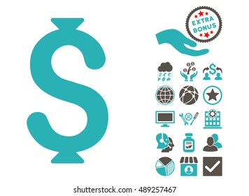 Dollar icon with bonus symbols. Vector illustration style is flat iconic bicolor symbols, grey and cyan colors, white background.