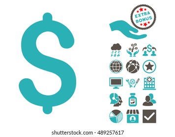 Dollar icon with bonus symbols. Vector illustration style is flat iconic bicolor symbols, grey and cyan colors, white background.