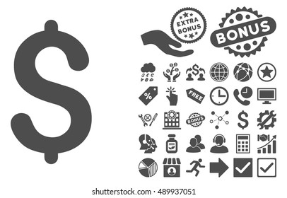 Dollar icon with bonus symbols. Vector illustration style is flat iconic symbols, gray color, white background.
