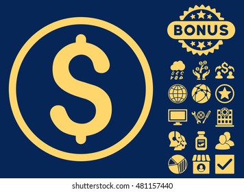 Dollar icon with bonus. Vector illustration style is flat iconic symbols, yellow color, blue background.