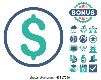 Dollar icon with bonus. Vector illustration style is flat iconic bicolor symbols, cobalt and cyan colors, white background.