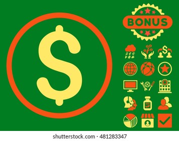 Dollar icon with bonus. Vector illustration style is flat iconic bicolor symbols, orange and yellow colors, green background.