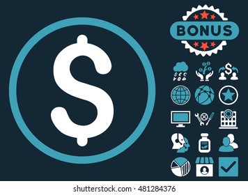 Dollar icon with bonus. Vector illustration style is flat iconic bicolor symbols, blue and white colors, dark blue background.