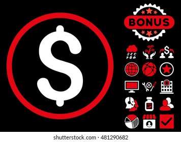 Dollar icon with bonus. Vector illustration style is flat iconic bicolor symbols, red and white colors, black background.